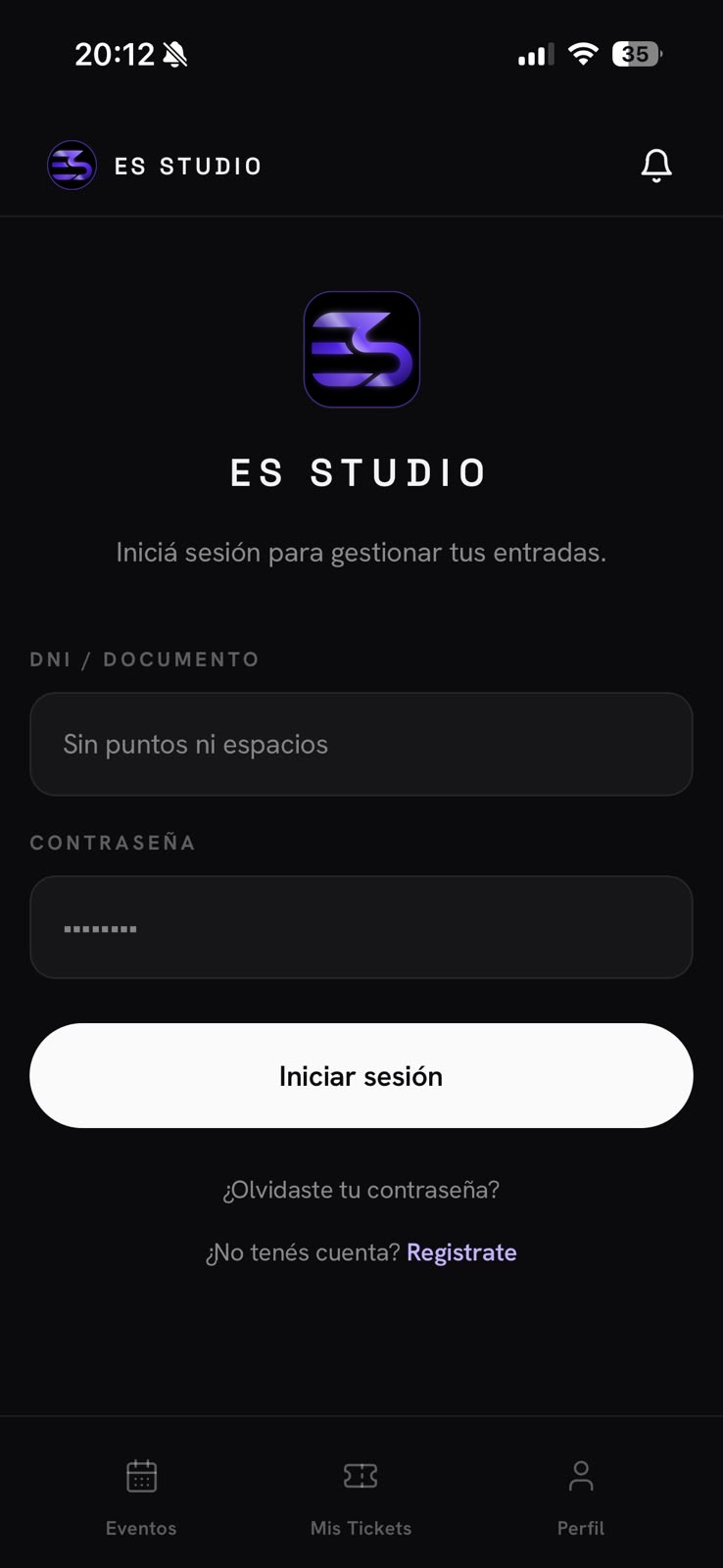Inicio de sesión en la app ES Studio